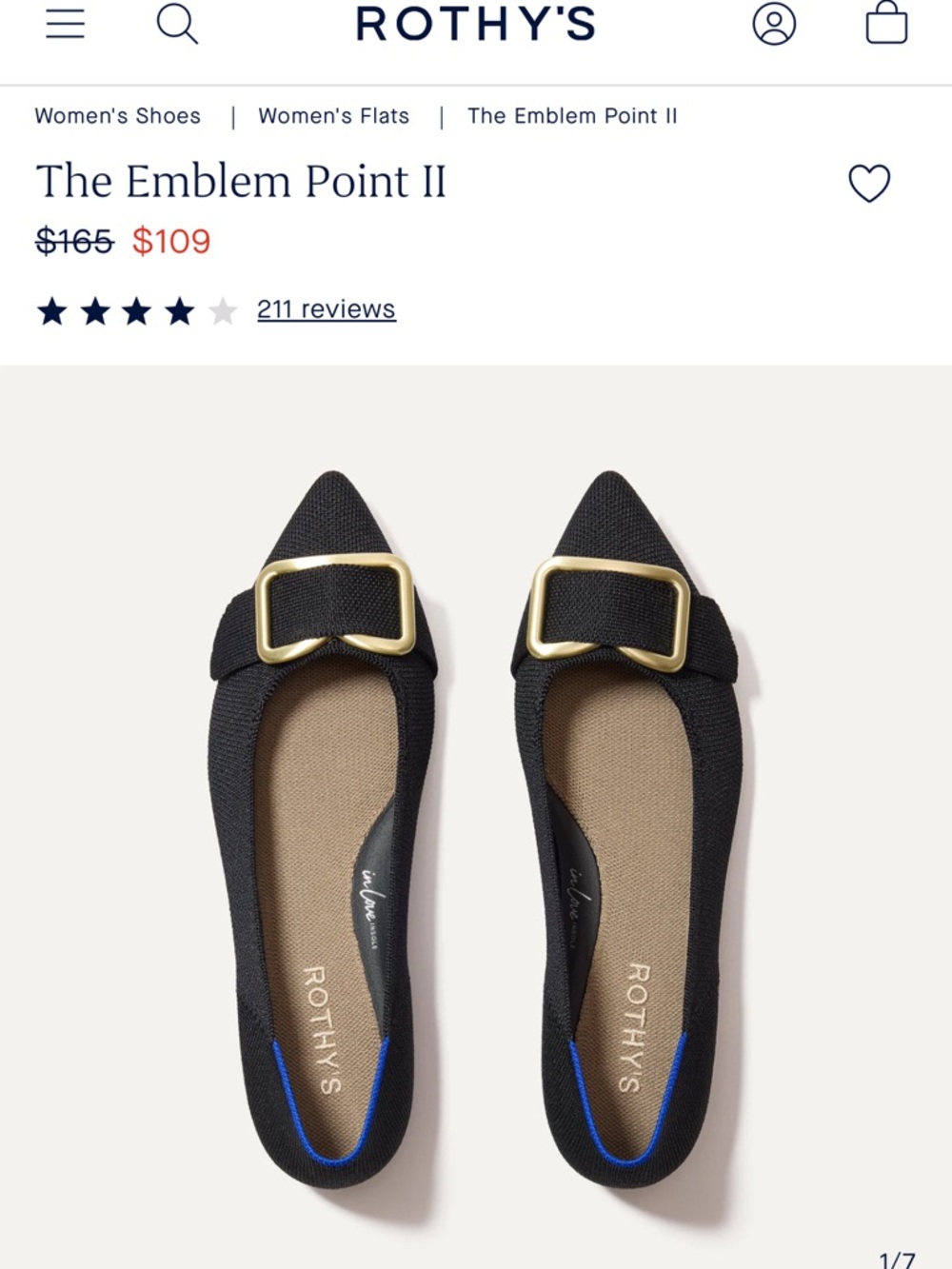 Rothy's The Emblem Point II Pointed Flats in Black with Gold Buckle